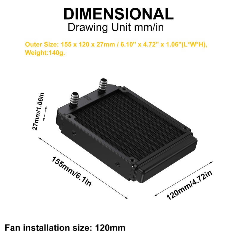 Clyxgs Water Cooling Radiator, 12 Pipe Aluminum Heat Exchanger Radiator with Tube for PC CPU Computer Water Cool System DC12V 120mm - Image 3